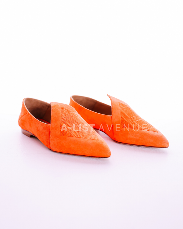 Hermès Logo Embroidered Pointed Toe Smoking Slippers in Orange Suede Size 36
