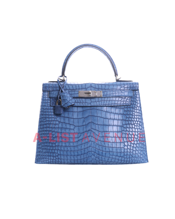 Hemes Limited Edition Hanada Porosus Crocodile Aizome Kelly 28 Sellier Bag