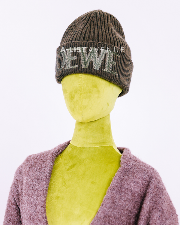 Loewe Intarsia Logo Ribbed Beanie in Olive Green