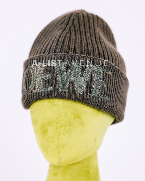 Loewe Intarsia Logo Ribbed Beanie in Olive Green