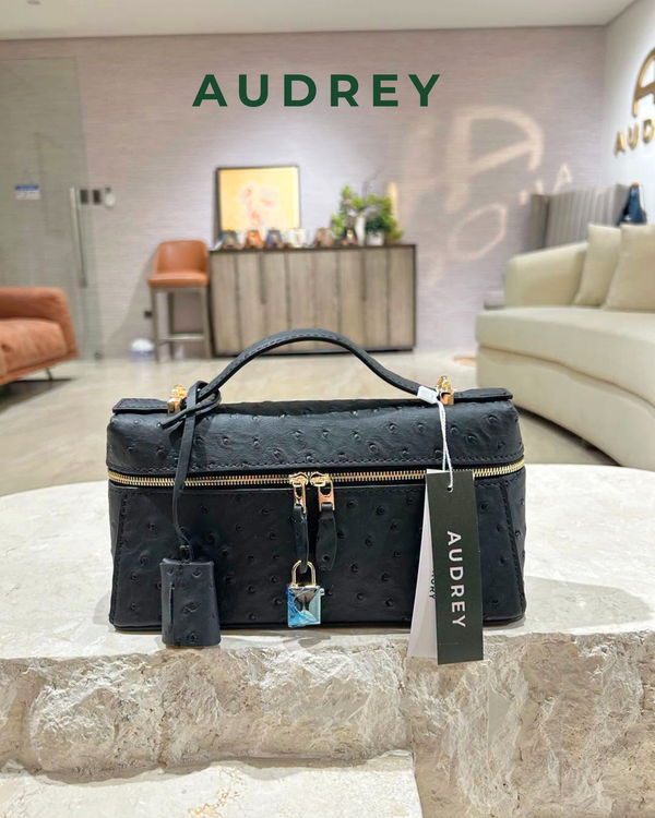 E7 AUDREY Cowhide Ostrich Embossed Mini Vanity Bag in Black
