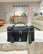E7 AUDREY Cowhide Ostrich Embossed Mini Vanity Bag in Black
