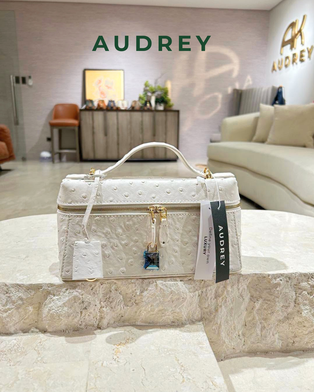 E7 AUDREY Cowhide Ostrich Embossed Mini Vanity Bag in White