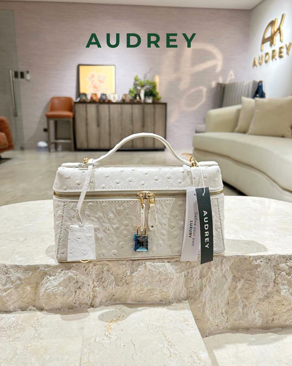 E7 AUDREY Cowhide Ostrich Embossed Mini Vanity Bag in White