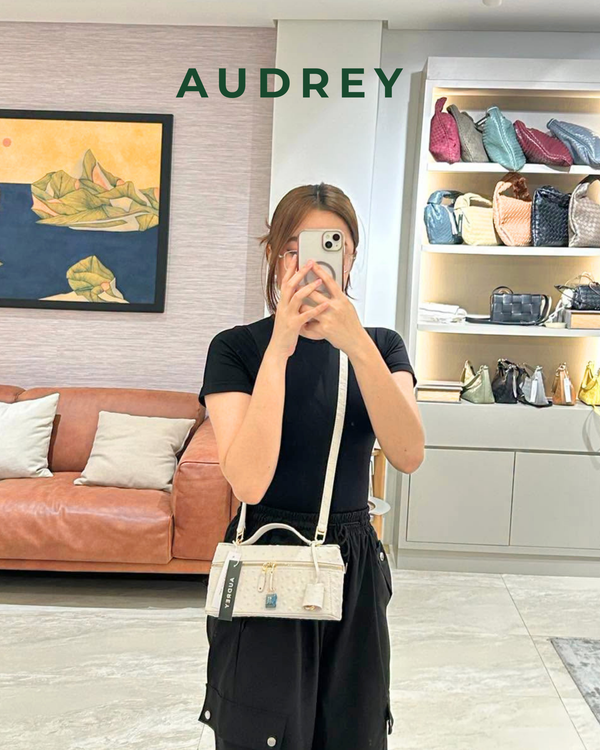 E7 AUDREY Cowhide Ostrich Embossed Mini Vanity Bag in White