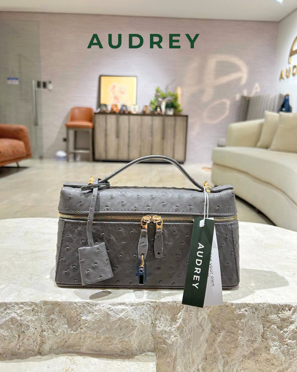 E7 AUDREY Cowhide Ostrich Embossed Mini Vanity Bag in Gray