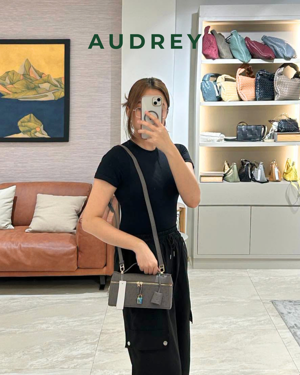 E7 AUDREY Cowhide Ostrich Embossed Mini Vanity Bag in Gray