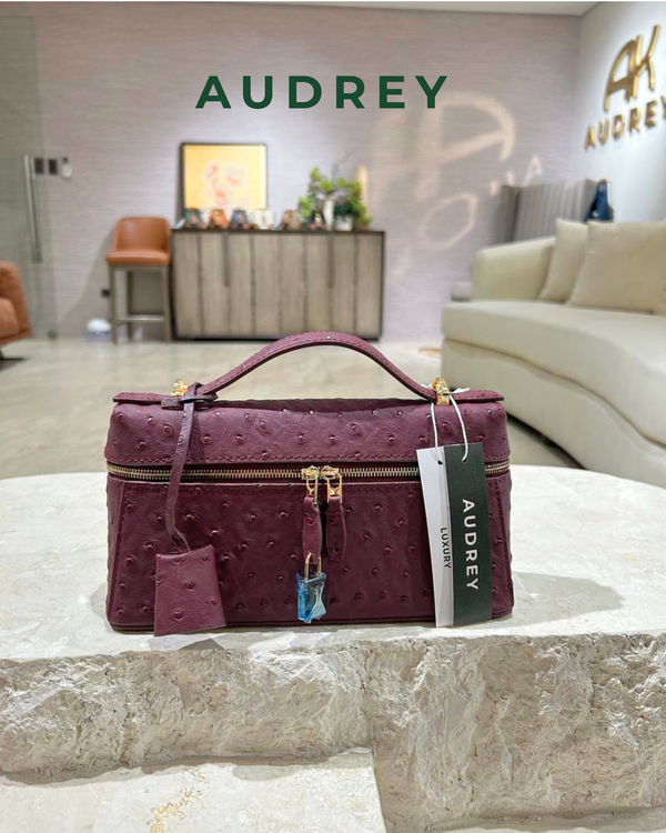 E7 AUDREY Cowhide Ostrich Embossed Mini Vanity Bag in Maroon