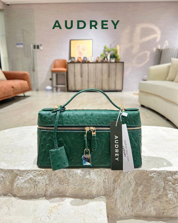E7 AUDREY Cowhide Ostrich Embossed Mini Vanity Bag in Green