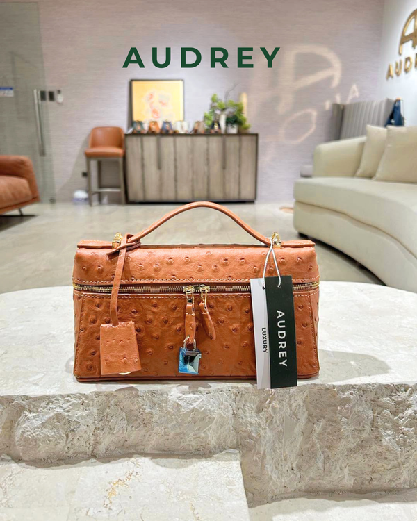 E7 AUDREY Cowhide Ostrich Embossed Mini Vanity Bag in Brown