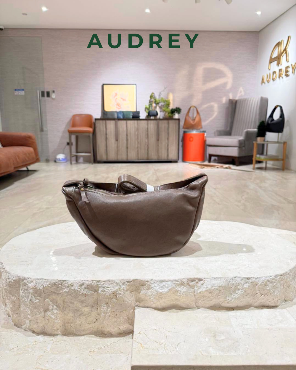 F3 AUDREY Cowhide Small Moon Bag in Etoupe