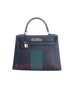 Hermes Kellygraphie 28 Sellier H Lettre Vert Cypres Epsom Blue Obscur