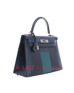 Hermes Kellygraphie 28 Sellier H Lettre Vert Cypres Epsom Blue Obscur