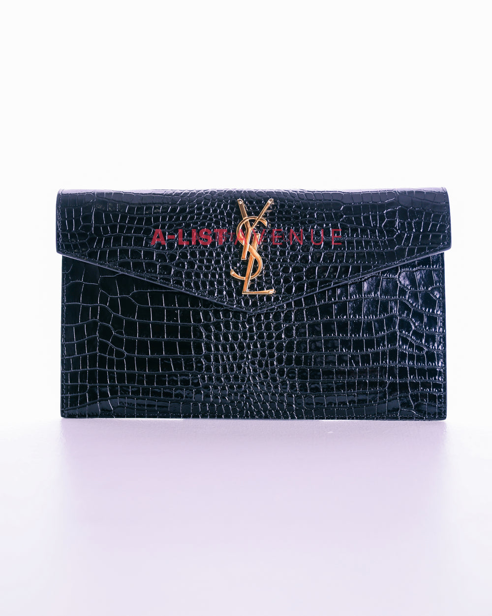 YSL Uptown Clutch In Croc Embossed Shiny Leather