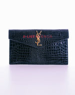 YSL Uptown Clutch In Croc Embossed Shiny Leather