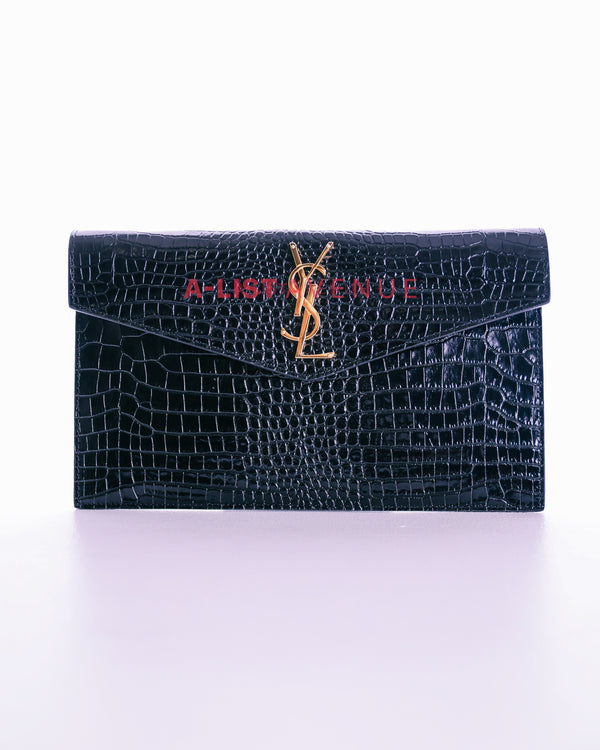 YSL Uptown Clutch In Croc Embossed Shiny Leather