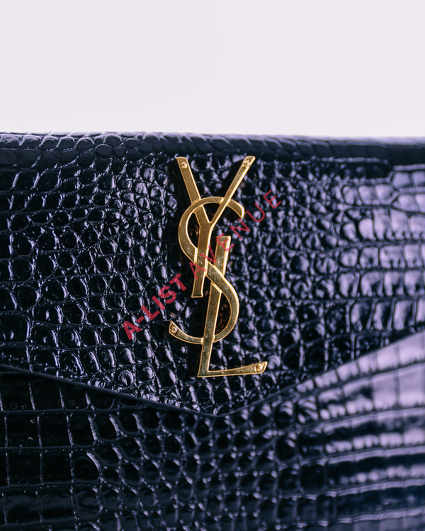 YSL Uptown Clutch In Croc Embossed Shiny Leather