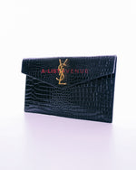 YSL Uptown Clutch In Croc Embossed Shiny Leather