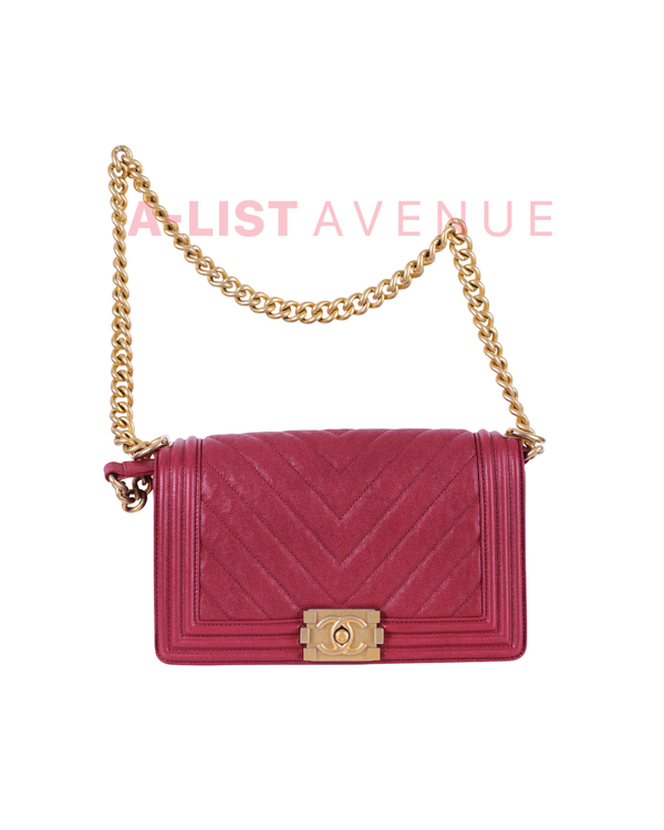 Chanel Le Boy Old Medium in Red Chevron Caviar Leather & Aged Gold Hardware Series 26