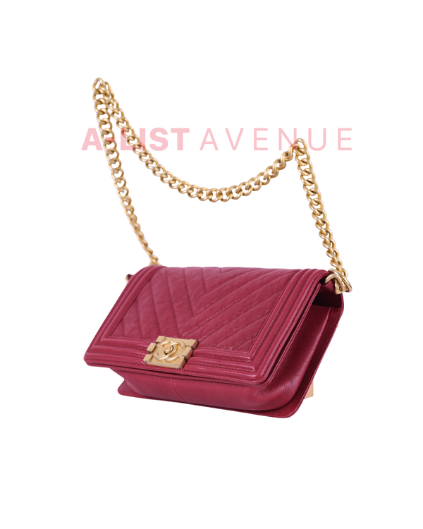 Chanel Le Boy Old Medium in Red Chevron Caviar Leather & Aged Gold Hardware Series 26